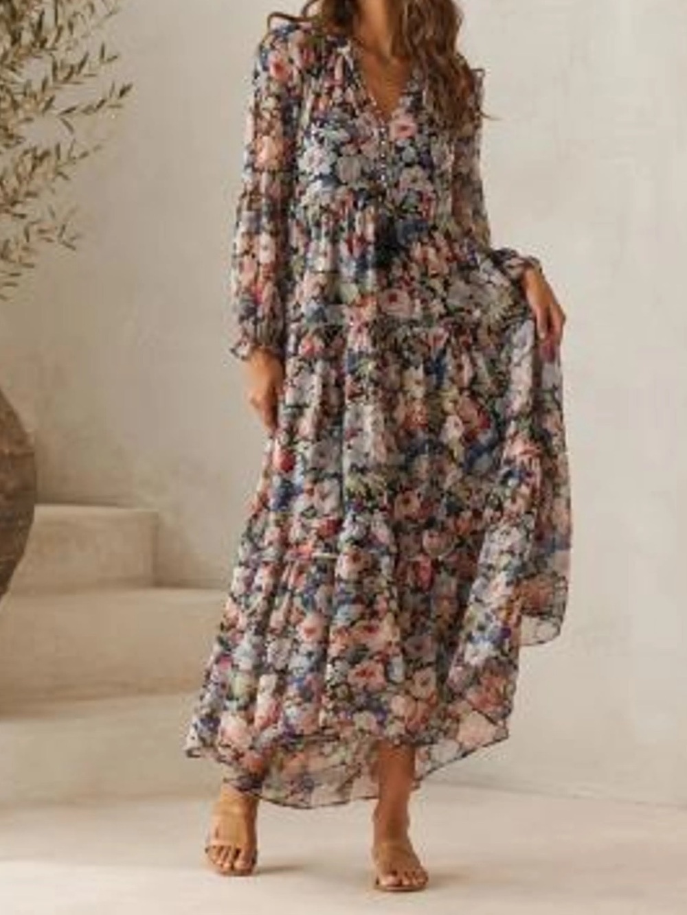 Anthropologie The Marais Printed Chiffon Maxi Dress Long Sleeve Plus Size 2X